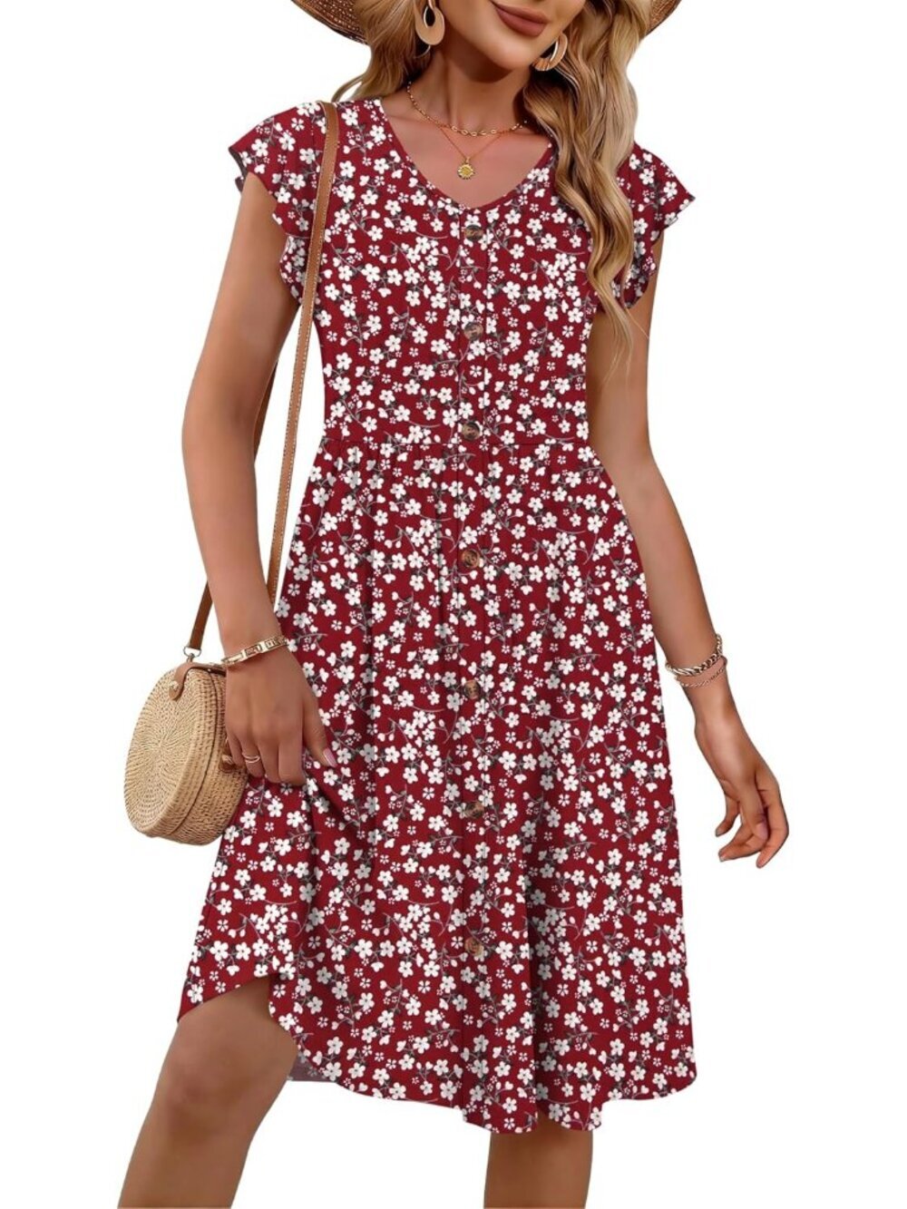 Women's Red Floral Summer V-Neck Casual Ruffle Sleeve Sun Dress with Pockets